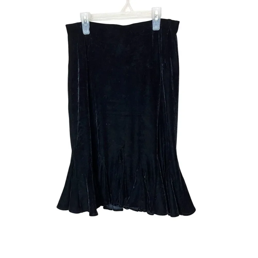 Vintage Black Velvet‎ Y2K Flared Hem Midi Skirt Size 10